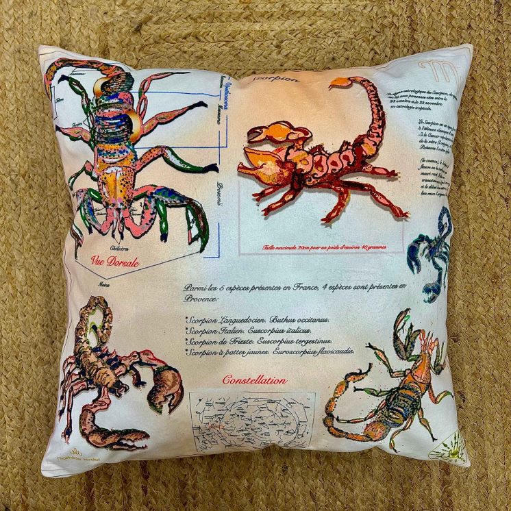 Coussin Velours Dessiné à la Main – Motif Scorpion